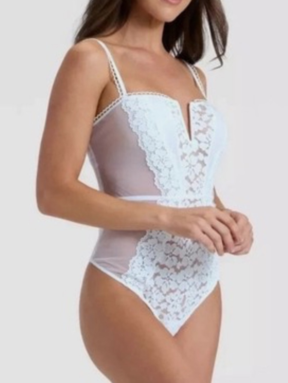 NWT Auden White Crochet Lace V-Wire Lingerie Thong Bodysuit corset back lace S